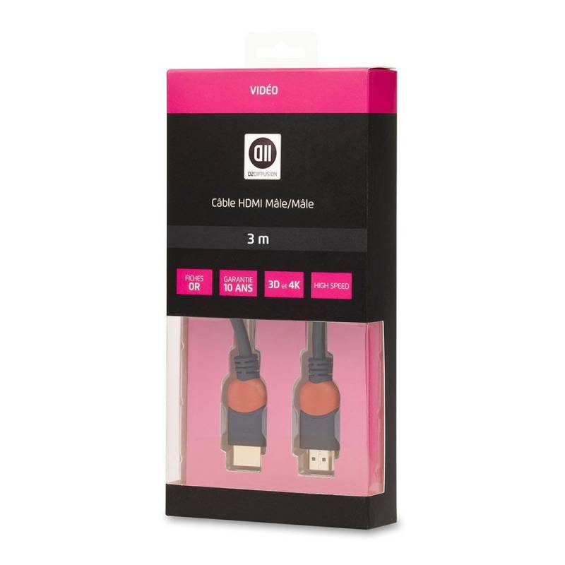 D2 DIFFUSION - Câble HDMI Mâle/Mâle - Compatible 4K et 3D - 3m